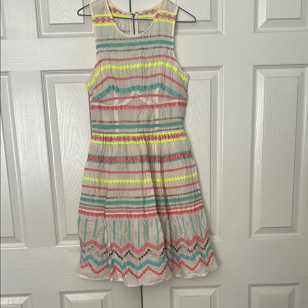 Anthropologie Pink and Yellow Pleated Smocked Sundress
